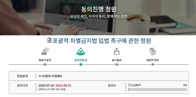 2일 국회 국민동의청원 홈페이지에 등장한 '포괄적 차별금지법' 입법 촉구 청원. 국회 국민동의청원 캡처