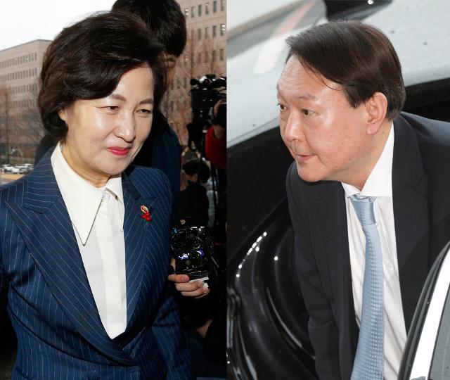 ?추미애 법무부 장관(왼쪽), 윤석열 검찰총장이 경기 정부과천청사 법무부로 들어서고 있는 모습. 뉴스1