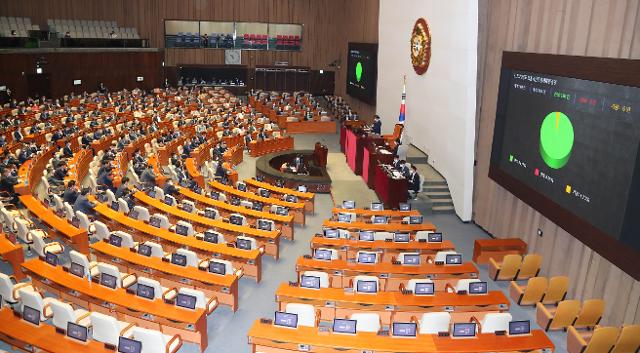 3차 추경예산안이 3일 서울 여의도 국회본회의장에서 열린 제379회국회(임시회) 제7차 본회에서 미래통합당 의원들이 불참한 가운데 통과되고 있다. 뉴시스