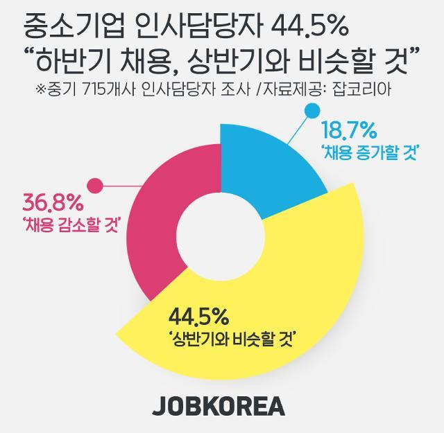 하반기 취업시장이 나아질 것으로 예상되느냐는 질문에는 응답의 44.5%가 '상반기와 비슷할 것', 36.8%가 '채용이 감소할 것'이라고 답했다. 잡코리아 제공