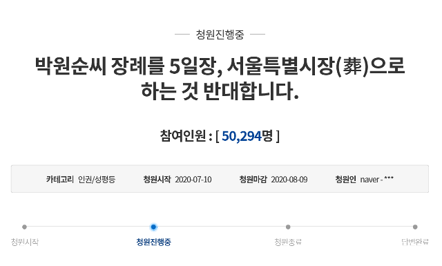 청와대 국민청원 게시판에 10일 박원순 서울시장의 장례를 서울특별시장으로 치르는 것을 반대하는 청원이 올라왔다. 청와대 홈페이지 캡처