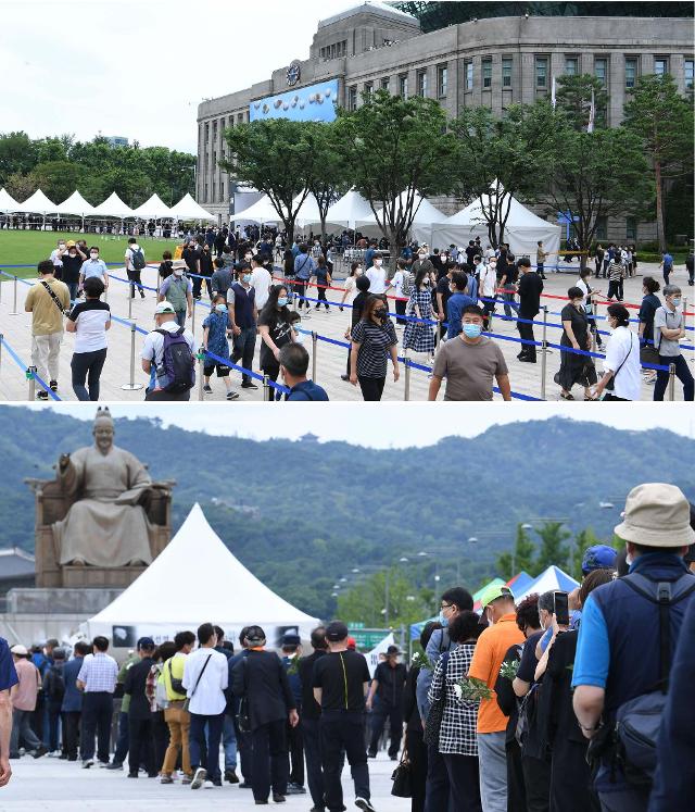 주말 서울 도심 광장에서 진보와 보수, 두 진영의 추모 행렬이 각각 이어졌다. 고 박원순 서울시장의 시민분향소가 차려진 시청 앞 서울광장에서 12일 시민들이 거리두기를 하며 조문을 하고 있다(위 사진). 비슷한 시간 직선거리로 700여m 떨어진 광화문 광장에서는 고 백선엽 장군 시민분향소가 보수 단체에 의해 설치돼 조문을 하려는 시민들이 줄지어 서 있다. 왕태석 선임기자