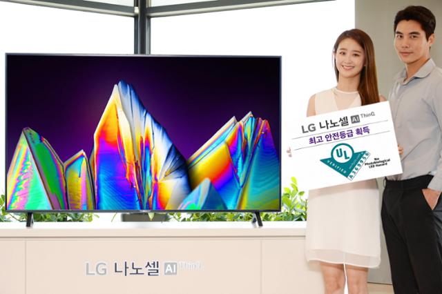 LG전자 모델이 글로벌 안전과학회사 'UL'로부터 '광생물학적 LED 안전성' 검증을 받은 'LG 나노셀 TV'를 소개하고 있다. LG전자 제공