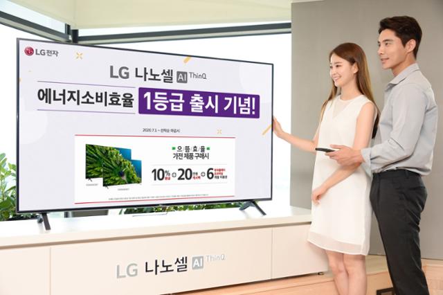 LG전자 모델이 에너지 소비효율 1등급을 받은 2020년형 'LG 나노셀 TV' 신제품을 소개하고 있다. LG전자 제공.