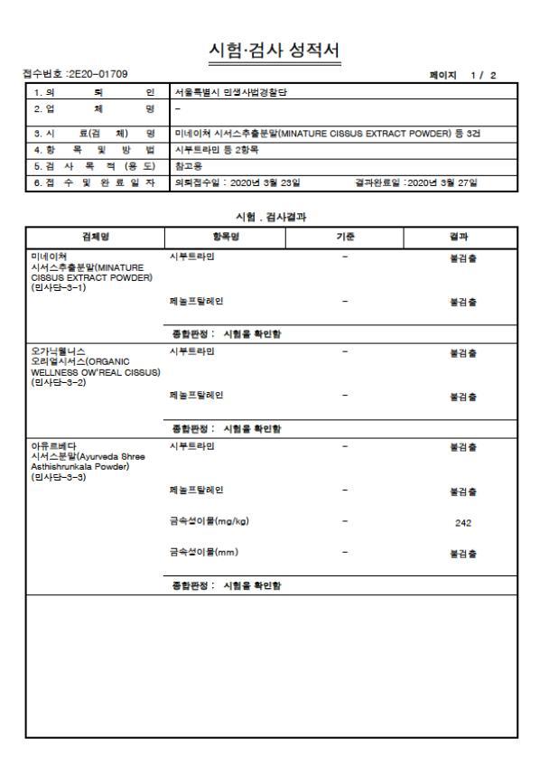 시서스 분말 성분검사 결과표. 서울시 제공