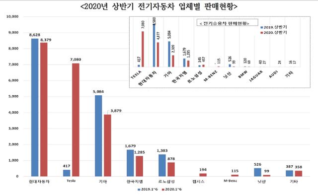 2020년 상반기 전기자동차 업체별 판매현황. 한국자동차산업협회 제공