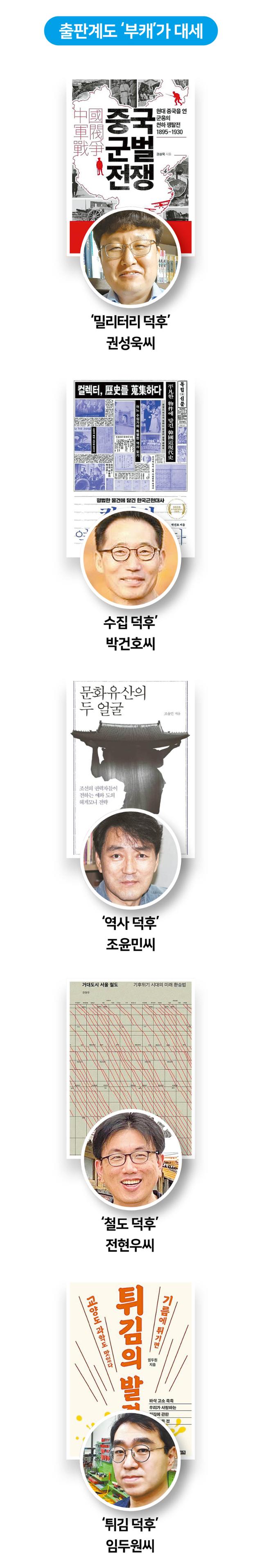 덕후들은 보통 본업이나 전공과 무관한 분야에 빠져든다. 본업은 울산시 공무원이지만 전쟁사 연구가로 이름을 알린 '밀리터리 덕후' 권성욱씨, 역사교사 출신으로 '생활 자료 컬렉터'란 부캐로 첫 책을 낸 '수집 덕후' 박건호씨, 20년 동안 다큐멘터리 작가로 활동하다 조선시대 민중과 지배층 관계를 주제로 꾸준히 책을 내온 '역사덕후' 조윤민씨, 분석철학을 전공했지만 교통의 세계에 빠져들어 철도 백과전서까지 낸 '철도 덕후' 전현우씨, 고분자공학 과학자이자, 20년 전통 돈까츠 전문점 사위로서 이론과 실무를 겸비한 '튀김 덕후' 임두원씨. 각 저자 제공. 한국일보 그래픽팀