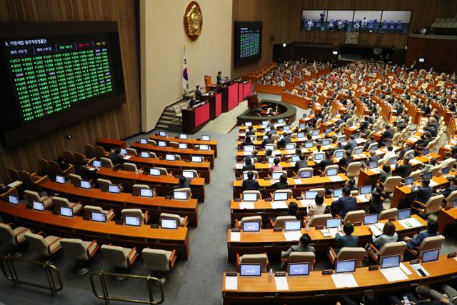 지방세법 일부개정법률안이 4일 서울 여의도 국회에서 열린 본회의에서 가결되고 있다. 뉴시스