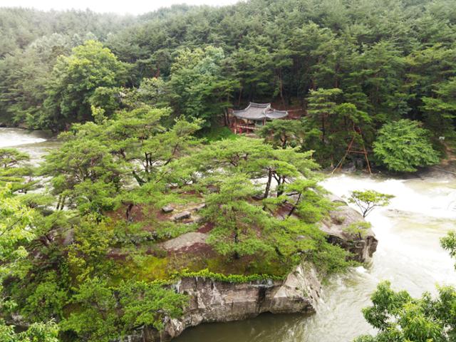 수승대는 위천 한가운데의 거북 모양 바위섬이다. 하천 건너편 요수정에서 보면 거북의 형상이 한층 또렷하다.