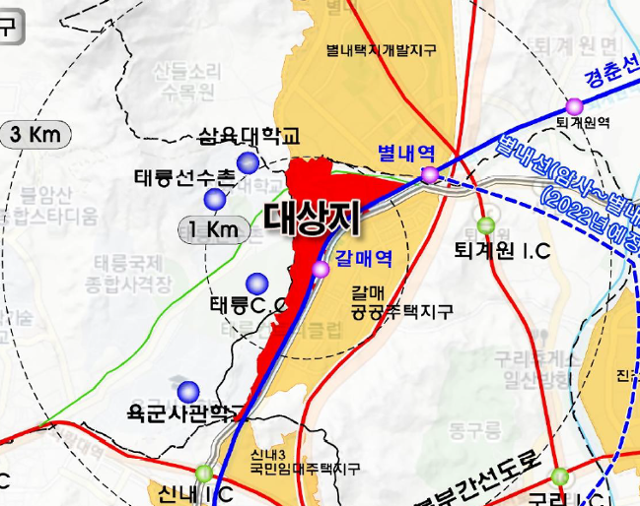 정부가 발표한 서울 태릉골프장과 구리역세권 공공주택 건립예정지(빨간색) 위치도. 구리시 제공