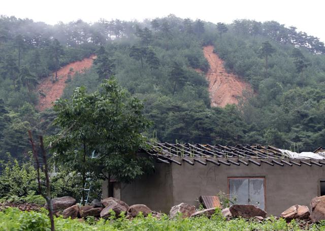 6일 오후 충북 충주시 산척면 야산 일부가 산사태로 무너져 내려 있다. 연합뉴스