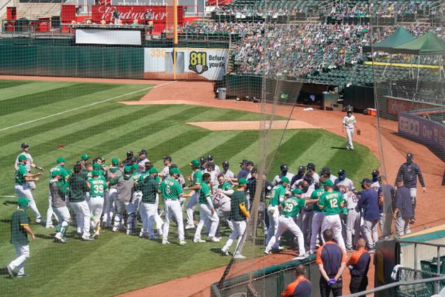 벤치클리어링 벌이는 MLB 오클랜드·휴스턴 선수들. USA투데이 연합뉴스