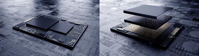 삼성전자가 업계 최초로 극자외선(EUV) 초미세공정 기반 시스템반도체에 적층 기술을 적용한 시제품 생산에 성공했다고 13일 밝혔다. 시스템반도체 주요 부분을 나란히 평면 설계하는 기존 방식(왼쪽 사진)과 달리 3차원 칩 적층 기술 '엑스큐브'를 적용(오른쪽 사진)해 전체 칩 면적을 줄이고 성능을 높였다. 삼성전자 제공