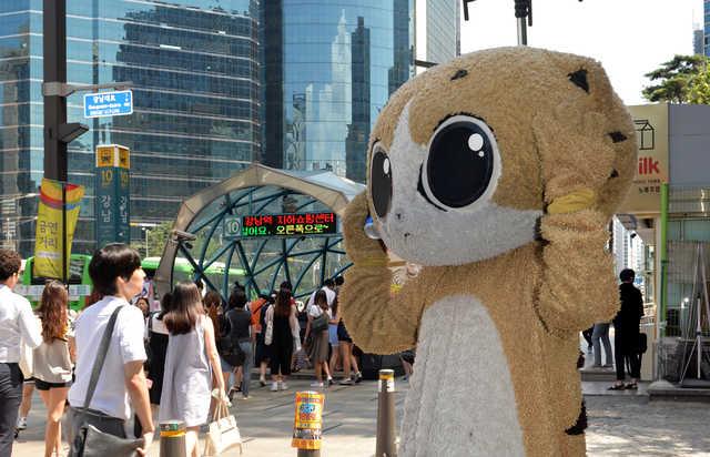 한국일보 기자가 몇 년 전 서울 강남구에서 고양이 탈을 뒤집어쓰고 아르바이트 중인 모습. 한국일보 자료사진