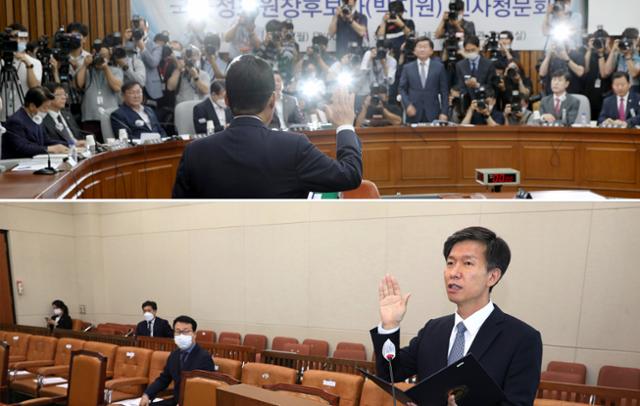 수도권을 중심으로 한 코로나19 재확산 사태가 국회 인사청문회 풍경도 바꿔 놓았다. 지난달 27일 열린 박지원 국정원장 후보자 인사청문회(위 사진)에서 의원석 뒤편에 취재진 수십명이 빽곡했던 데 비해 19일 열린 김대지 국세청장 후보자 인사청문회는 취재진과 공무원 등의 출입을 제한해 한가했다. 연합뉴스ㆍ오대근 기자