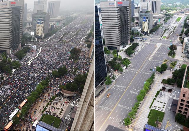 지난 15일 오후 서울 광화문 일대가 집회 인파와 차량으로 가득차 있다(왼쪽). 23일 광화문 일대가 텅 비어 있다. 연합뉴스 사진공동취재단