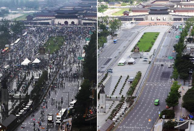 지난 15일 오후 서울 광화문 일대가 집회 인파와 차량으로 가득차 있다(왼쪽 사진). 23일 '강화된 사회적 거리두기'로 집회가 금지된 광화문 일대가 텅 비어 있다. 연합뉴스 사진공동취재단