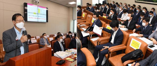 25일 산자위에서 김종갑 한국전력공사 사장이 발언하는 동안 뒷줄의 배석자 자리가 한자리 비우기를 하고 있다(왼쪽). 반면 지난 달 31일 환노위 회의장은 앞줄만 '보여주기식 한 자리 비우기'를 하고 뒷줄에는 공무원들이 빼곡히 앉아 있다. 오대근 기자