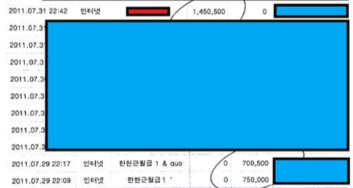 한 작가가 2011년 제작사 아우리픽처스 측 요청에 따라 영진위로부터 받은 스탭 보조금을 되돌려준 통장 거래 내역. 한 작가는 7~9월 6차례에 걸쳐 총 450만원 가량을 지원받고 다시 3회에 걸쳐서 제작사 측에 전액을 되돌려줬다. 한 작가 측 제공