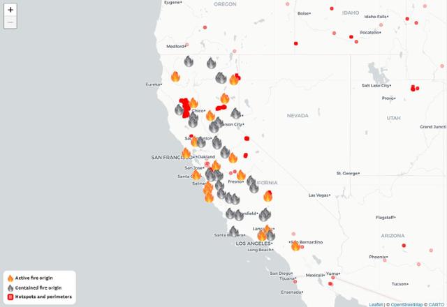 미국 서부 산불 지도. 캘리포니아주에 산불이 집중돼 있다. 출처 : SF클로니클