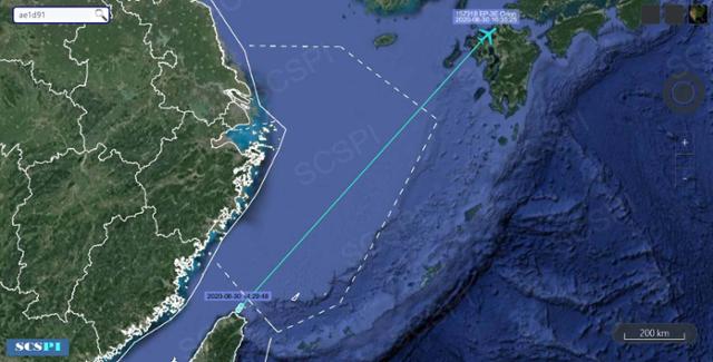 중국 싱크탱크 SCSPI가 공개한 미군 EP-3E 정찰기의 지난달 30일 항적. 오후 2시29분 대만을 이륙해 2시간 넘게 일본 오키나와 방향으로 향하고 있다. 전날 오키나와 가데나 공군기지에서 날아온 군용기다. SCSPI 트위터 캡처