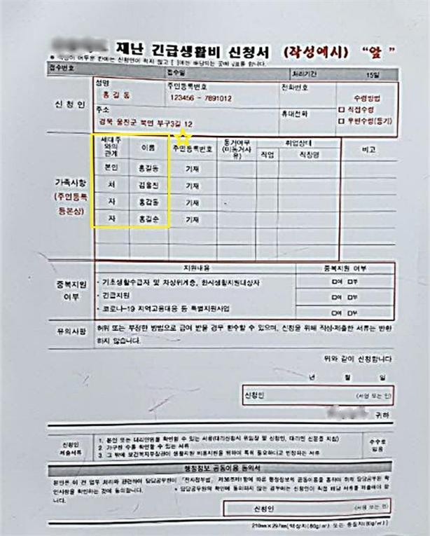 영남권 한 지방자치단체에서 만든 재난 긴급생활비 신청서. 서울시 여성가족재단 제공