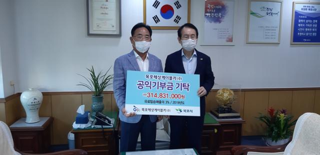 목포해상케이블카 정인채(왼쪽) 대표가 8월 25일 김종식 목포시장에게 공익기탁금 3억1,400여만원을 전달했다. 목포해상케이블카 제공