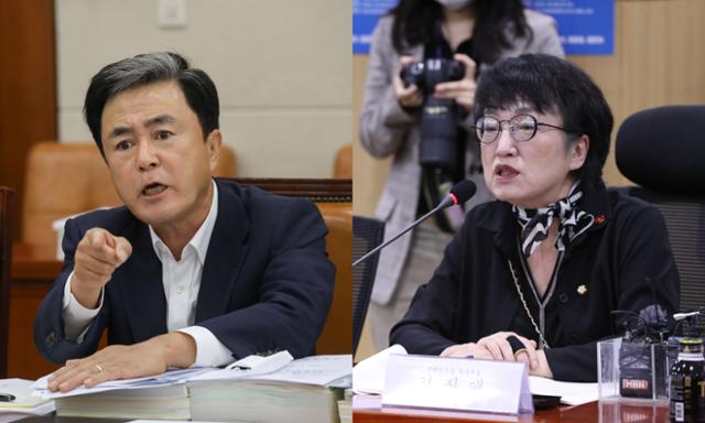 2일 국회 운영위원회가 김태흠 미래통합당 의원의 '손가락 접촉' 행동에 대한 공방으로 한때 파행했다. 왼쪽 사진은 김태흠 의원이 지난달 20일 기재위 전체회의에 참석한 모습. 오른쪽 사진은 김진애 열린민주당 의원이 7월 국회 의원회관 토론회에 참석한 모습. 오대근 기자. 뉴스1