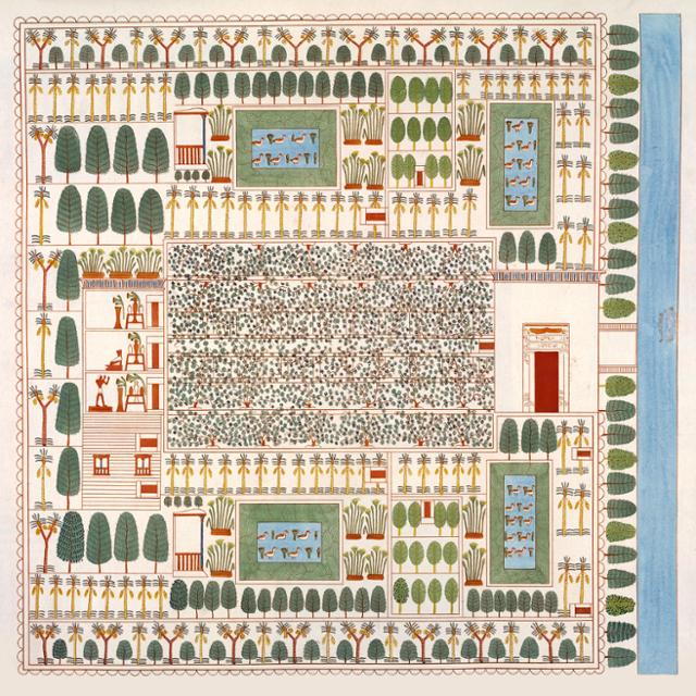 센네페르의 정원을 이집트 학자 아폴리토 로젤리니가 재현한 그림(1834년). 정원 한가운데에 포도밭이 있다. 센네페르는 기원전 1450년경 아멘호테프 2세 시절의 고위 관료다. 위키피디아 제공