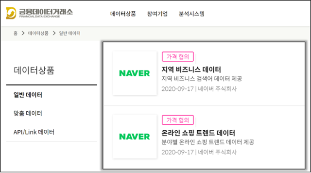 금융데이터거래소에 올라간 네이버의 데이터. 네이버 제공