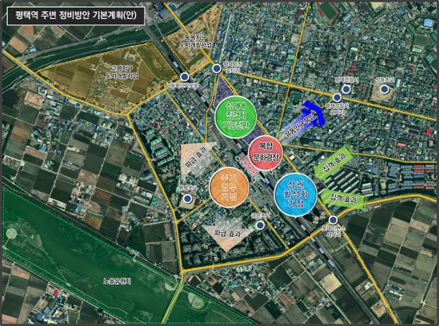 평택시는 오는 2025년까지 평택역 광장 양쪽 상가건물(빨간색 원)을 철거해 시민을 위한 복합문화 공간으로 조성한다. 평택시 제공
