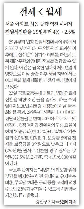 지난달 29일부터 시행한 주택임대차보호법 시행령 개정안에 따라 전월세전환율은 현재 4.0%에서 2.5%로 낮아진다. 2020년 9월 23일자 한국일보 지면