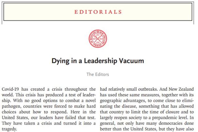 세계적인 의학 전문지 뉴잉글랜드의학저널(NEJM) 편집진이 8일 실은 사설. NEJM 홈페이지 캡처