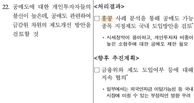 금융감독원이 지난 13일 국회에 제출한 국정감사 업무현황 보고 일부. 금감원 제공