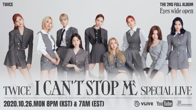 걸그룹 트와이스가 컴백 스페셜 라이브를 통해 신곡 'I CAN’T STOP ME'(아이 캔트 스톱 미) 무대를 최초 공개한다. JYP엔터 제공