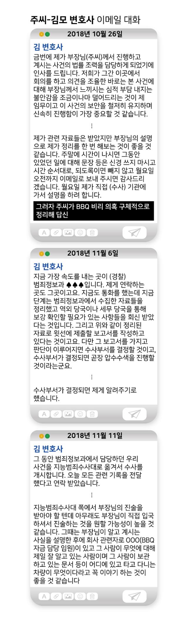 주씨-김모 변호사 이메일 대화. 그래픽=강준구 기자