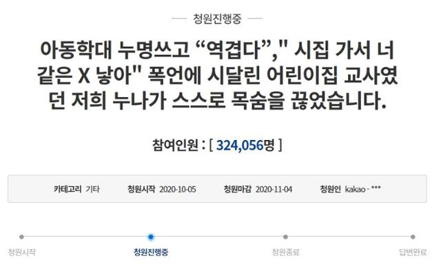 20일 청와대 국민청원 게시판에 올라온 '아동 학대 누명을 쓰고 폭언에 시달린 어린이집 교사였던 저희 누나가 스스로 목숨을 끊었습니다' 청원 글. 청와대 국민청원 캡처