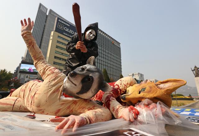 27일 오후 서울 광화문광장에서 비건세상을위한시민모임, 한국동물보호연합 관계자들이 모피, 다운 반대 퍼포먼스를 하고 있다. 연합뉴스