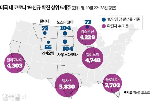 미국 내 코로나19 신규 확진 상위 5개주. 그래픽=신동준 기자