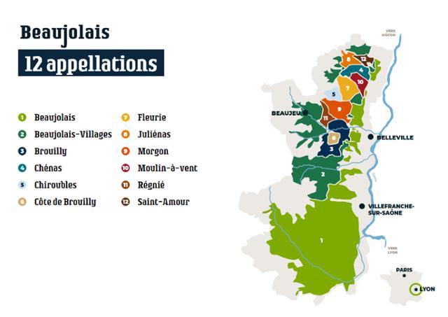 보졸레의 12개 AOP(AOC) 지도. 보졸레와인협회