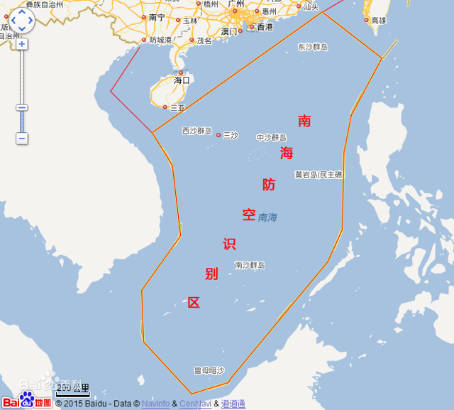 중국이 선포할 것으로 예상되는 남중국해 방공식별구역 개념도. 영유권 분쟁 도서인 프라타스군도와 파라셀군도, 스프래틀리제도 등을 모두 포함하고 있다. 바이두