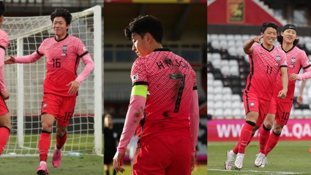 축구 국가대표팀 삼각편대 황의조(왼쪽부터) 손흥민 황희찬. 대한축구협회 제공