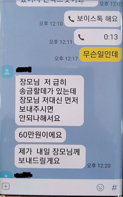 메신저피싱 사례. 금융감독원 제공