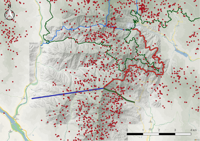 2004년에서 2020년 상반기까지 형제봉 일대에서 위치추적된 반달가슴곰 분포도. 붉은 선은 산악열차, 파란 선 케이블카, 초록 선 모노레일 예정지. 반달곰친구들 제공