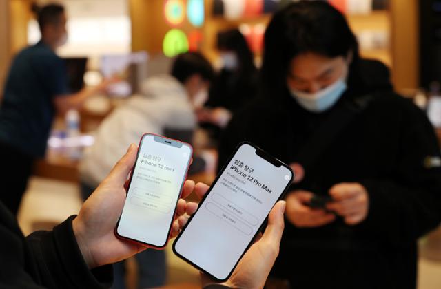 20일 오전 서울 강남구 가로수길 애플스토어에서 한 고객이 아이폰12 프로맥스와 미니를 비교하고 있다. 뉴스1