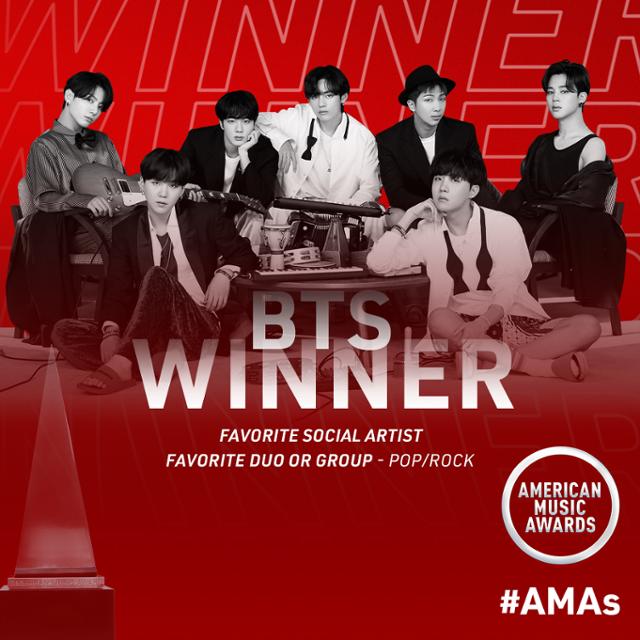 그룹 방탄소년단이 미국 '아메리칸 뮤직 어워드(American Music Awards)'에서 3년 연속 수상의 영예를 안으며 2관왕에 등극했다. 빅히트엔터테인먼트 제공