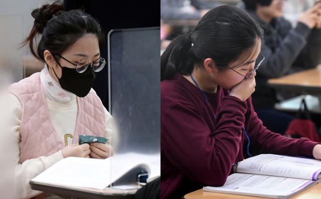 2021학년도 대학수학능력시험일인 3일 오전 서울 중구 이화여자외국어고등학교에서 수험생이 마스크를 낀 채 칸막이 책상에 앉아 막바지 공부를 하고 있다. 지난해 11월 같은 고사장에서 2020학년도 수능 응시생이 공부를 하고 있다. 사진공동취재단·이한호 기자