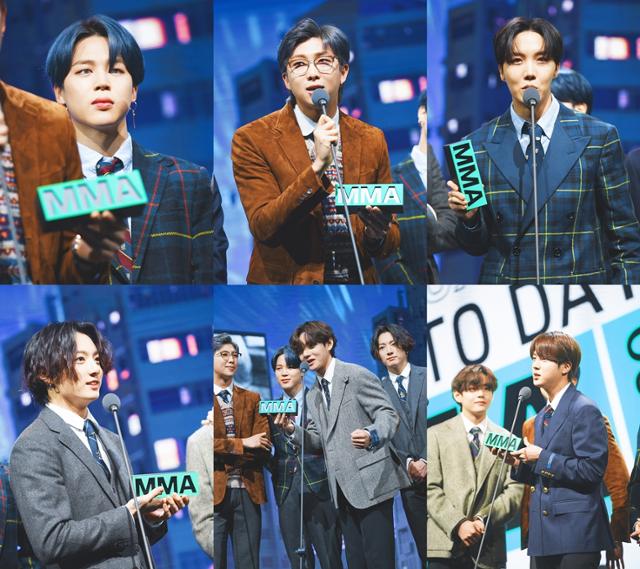 방탄소년단 멤버들이 'MMA 2020' 수상 이후 소감을 전하고 있다. MMA 2020 제공