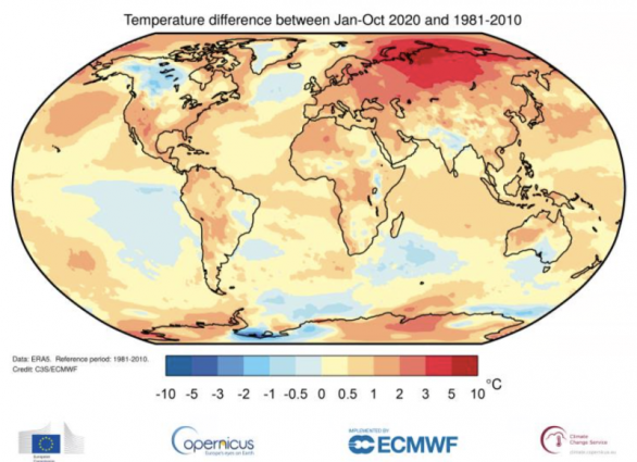 2020년(1~10월)과 1981~2010년의 기온 차이를 보여주는 세계기상기구(WMO)의 세계기후지도. WMO 홈페이지 인터넷 캡처