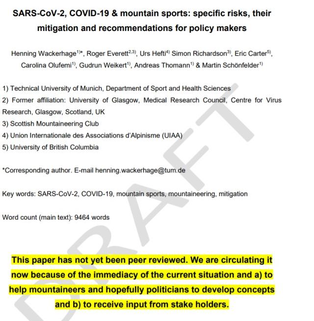 코로나19 감염과 산악스포츠 관계를 다룬 논문의 표지. 논문 표지 캡처